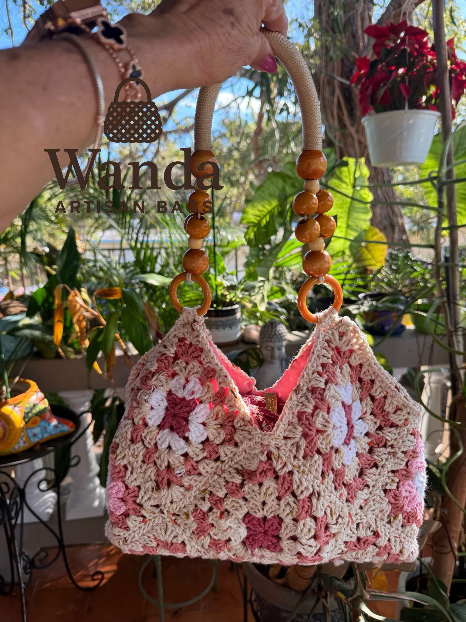 Bolso Garden Granny - tejido rosa y crema